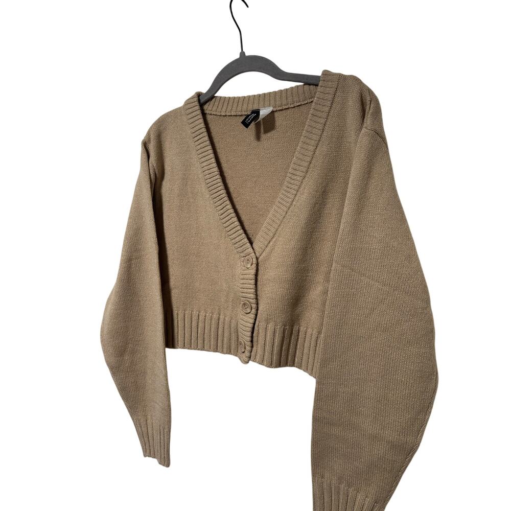 H&M Divided Beige Cropped Button Front Cardigan Women’s Balloon Sleeve - Picture 6 of 9